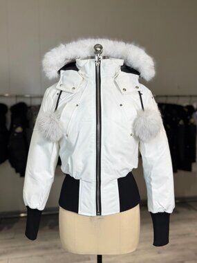 **Moose Knuckles White Fur Hood Cropped Bomber Down Jacket**